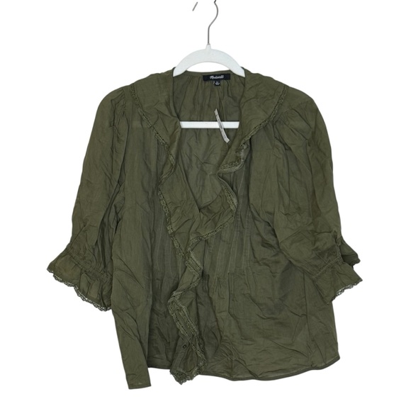 Madewell Kelly Pintucked Ruffled Puff-Sleeve Top Shirt NWT XL Olive Green - Picture 4 of 10